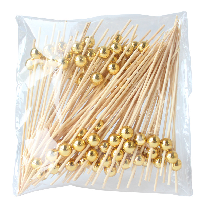 Amazon 100 pcs/paquete de brochetas de frutas con cuentas doradas galvanizadas tenedor de frutas de bambú decorativo desechable brochetas creativas
