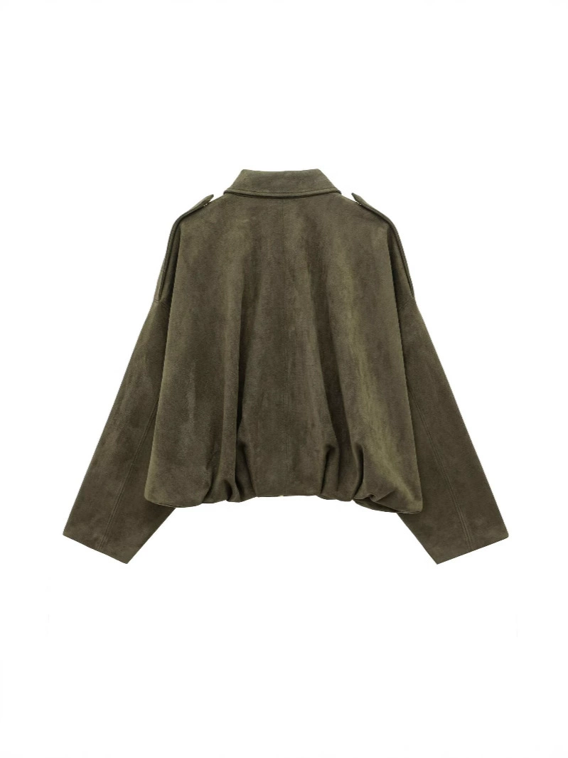 Bomber Jacket (ZA) Suede-Effect, Women's Spring Outerwear, Army Green, Oversized Fit