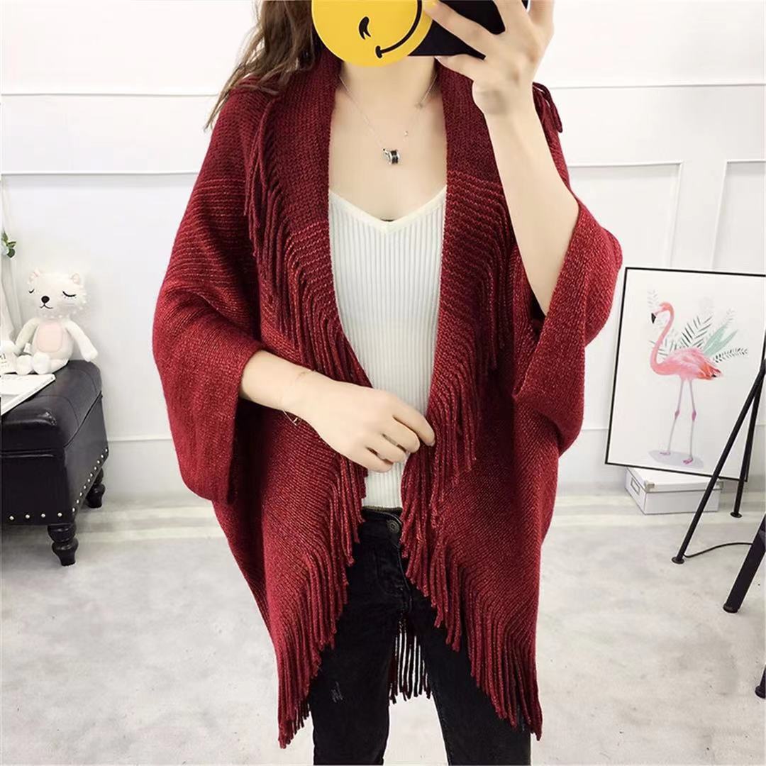 Plus-size fringe knitted shawl cape loose sweater coat plus-size cardigan woman_voghion.com