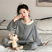 女童条纹睡衣套装2025新款春装女孩甜美花边圆领家居服休闲两件套