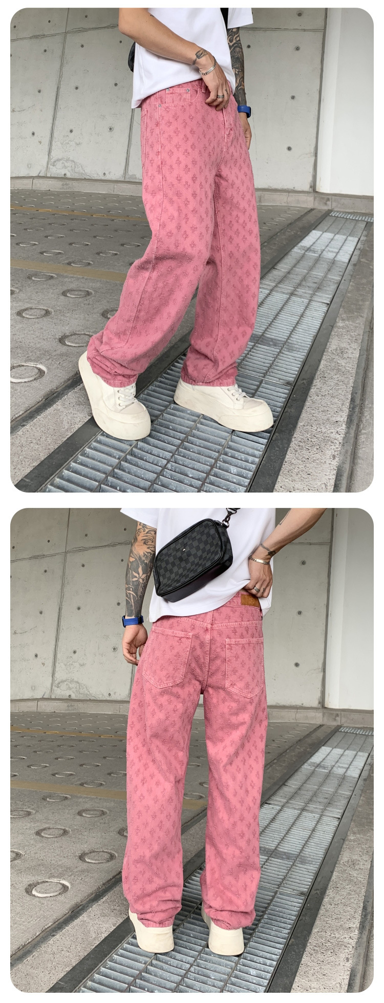 Herren Jeans Mit Jacquard Muster Weit Gerade Und Lässig Verwaschen_voghion.com