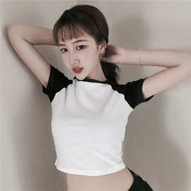 2022黑色拼色露脐短款上衣夏季韩版学生短袖女跳舞服装性感修身