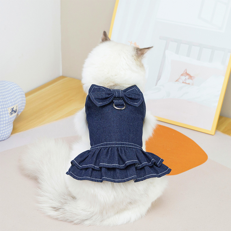 Pet cat big bow tie denim suit with traction D-ring kitten dog denim pet supplies clothing