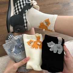 夏季现货抽象立体猫猫蛋袜子中筒袜女可爱搞怪猫咪ins日系长袜女