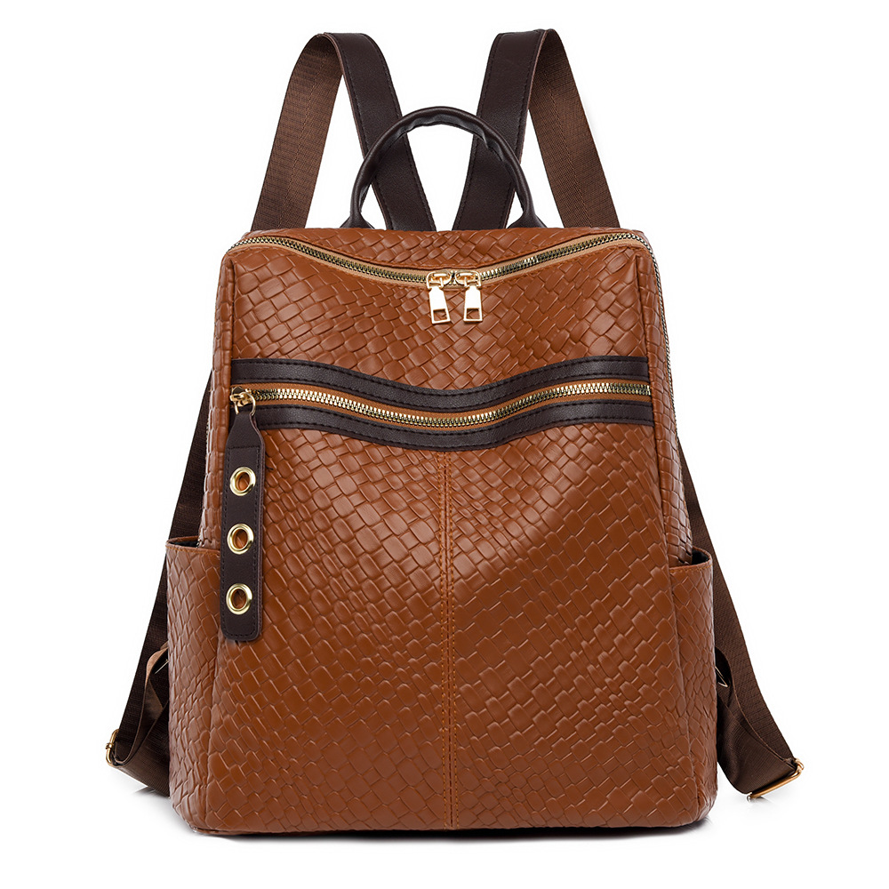 Mochila de color de contraste transfronteriza al por mayor para mujer 2024 nuevo bolso femenino de cuero suave retro europeo y americano, mochila de viaje al aire libre de ocio