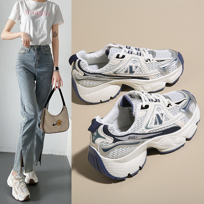 2025 Spring Women's Shoes Mesh Breathable Dad Shoes Thick-Soled Student Versatile Casual Shoes Ins Trbottomy Korean Running Shoes