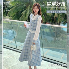 2025春秋新款女格纹拼接蓝色气质套装韩系流行小个子两件套