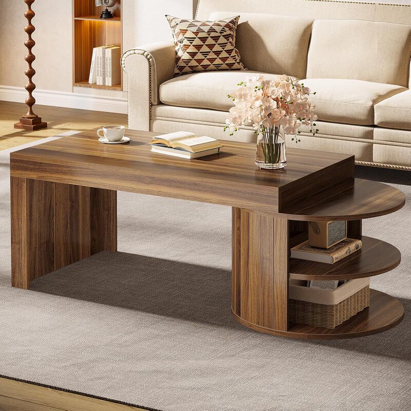 Cross-Border Custom Coffee Table with Storage 51inch Farmhouse Living Room Center Table with 3 Storage Shelves