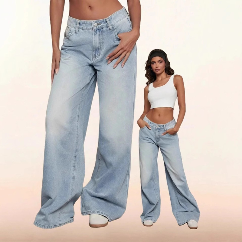 KEL American New Style Mop Jeans Women's Low Waist Wide Leg Pants Retro Washed Blue Slim Gods Pants Spring