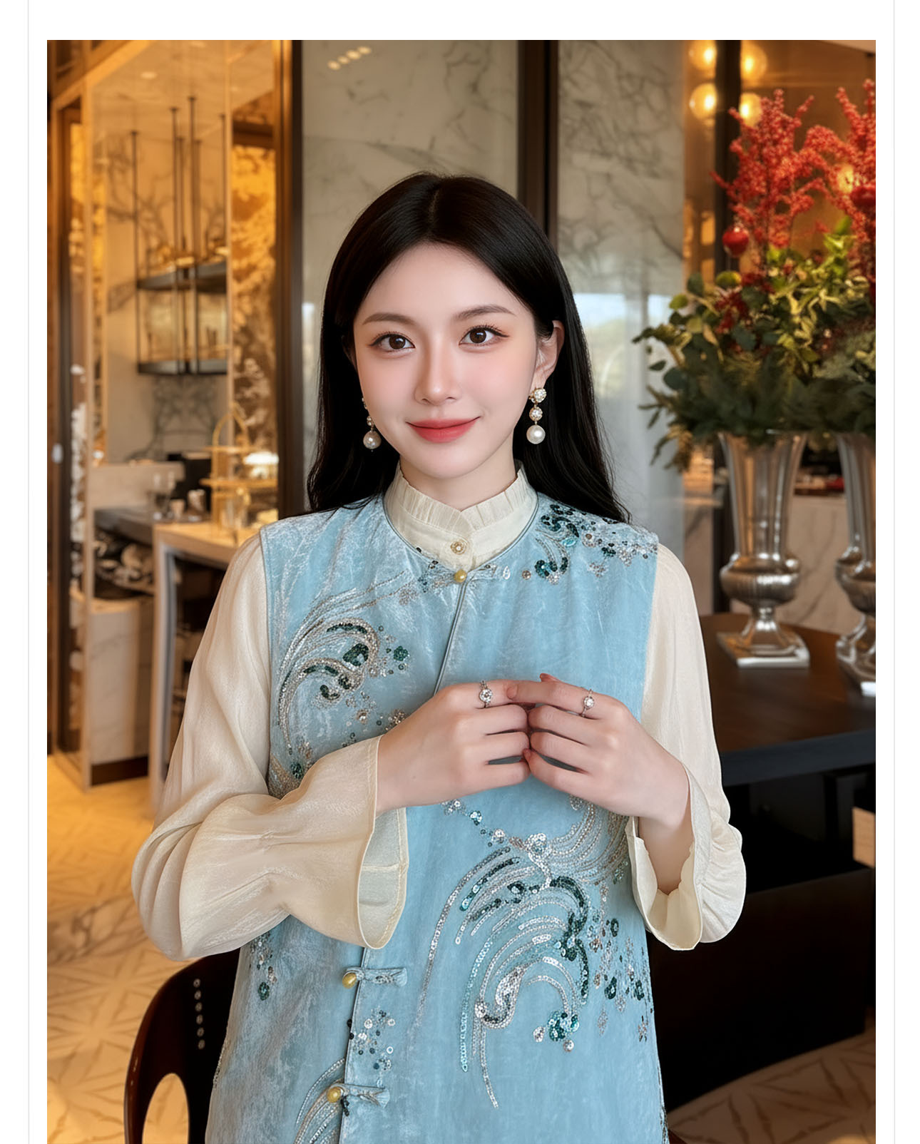 Áo gile cổ lọ nữ phong cách Trung Hoa mới, thêu đính cườm họa tiết nổi bật — xanh lam chi tiết 6