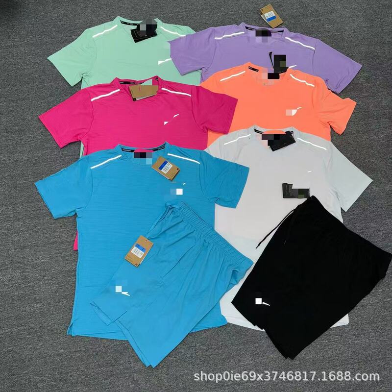 Export Foreign Trade Brand Cross-Border Popular Sports Suit Casual Men's Top Crystal Silk Round Neck Short Sleeve Quick-Dry