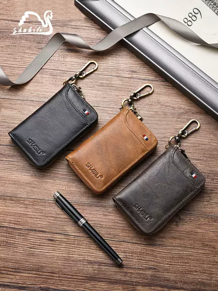 inside and outside cowhide car key bag genuine leather home key protection leather case access card key bag multi-card wallet
