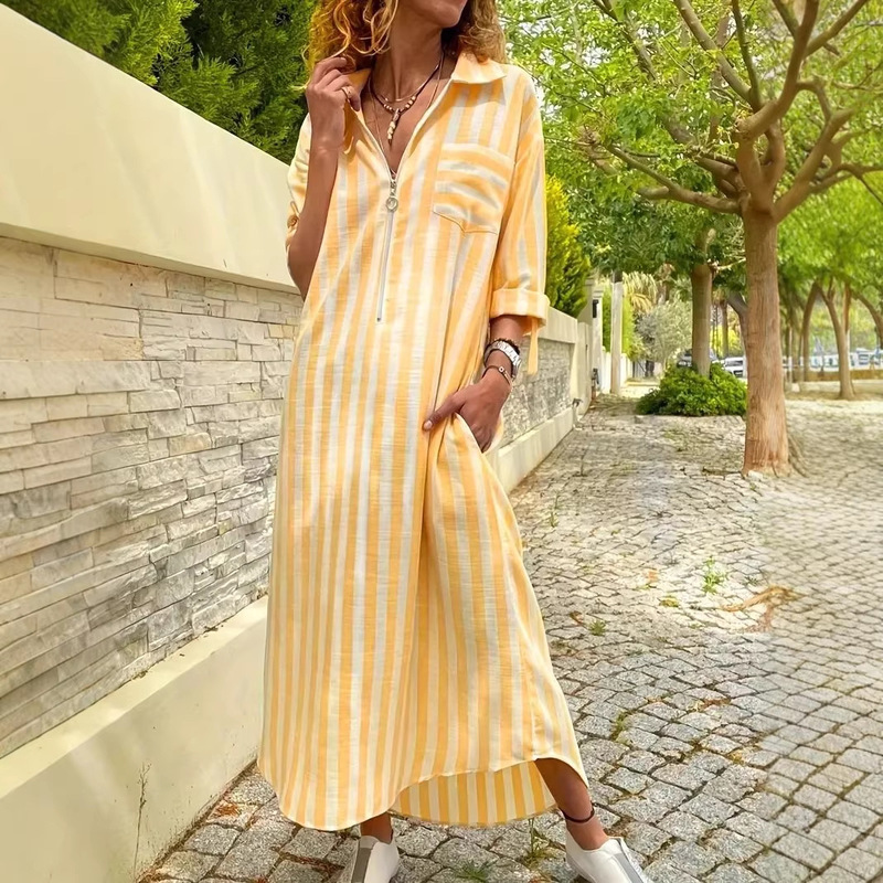 In-Stock European and American Cross-Border Women's Amazon Elegant Casual Loose Striped Shirt Dress with Zipper Pockets Long Dress