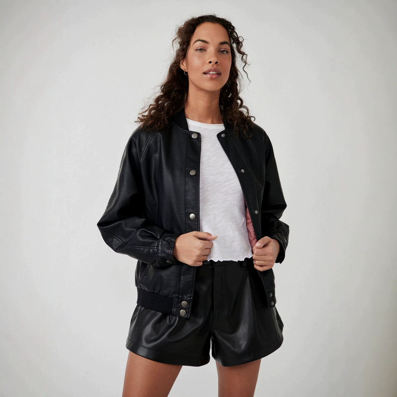 American Retro Pu Leather Baseball Jacket for Women, Single-Breasted Bomber Jacket, Street Style Black Faux Leather Short Jacket