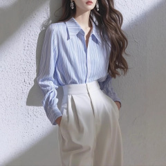 春秋季设计感时尚衬衫女2025蓝色独特条纹长袖衬衫直筒裤两件套装