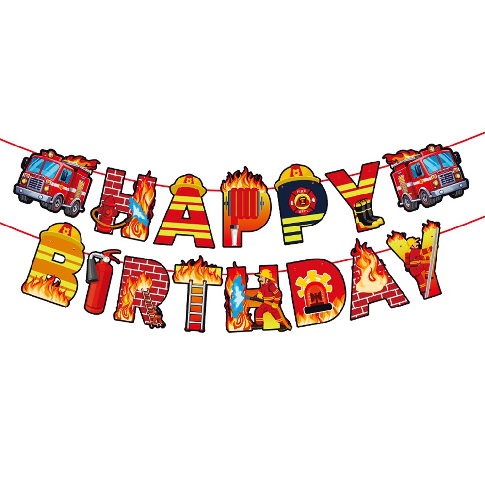 Nuevo tema de lucha contra incendios transfronterizo decoración de fiesta de cumpleaños bandera de dibujo decoración de cumpleaños bombero diseño de decoración de cumpleaños