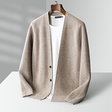 春秋季新款100%纯羊毛衫男士V领开衫纯色休闲针织羊绒毛衣外套