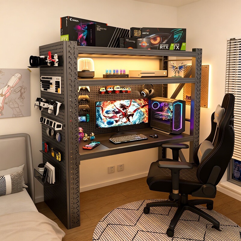 Simple and adjustable storage desk with perforated panel, multi-layer gaming desk for home, office, and study Simple and adjustable storage desk with perforated panel, multi-layer gaming desk for home, office, and study