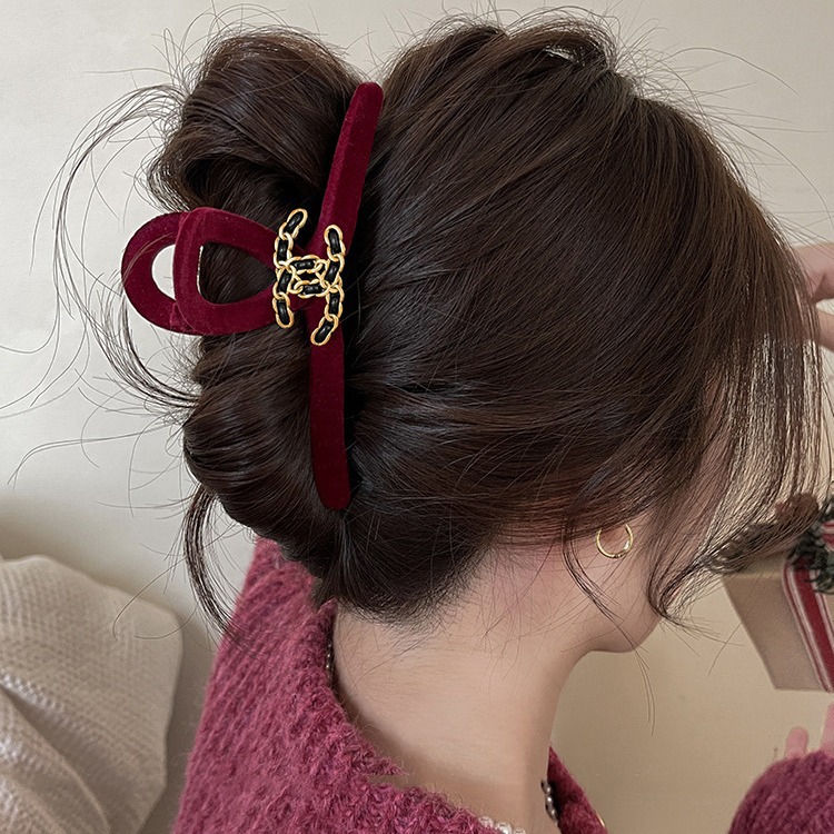 轻奢小香风丝绒抓夹女2024新款后脑勺春秋高级感黑色发夹子鲨鱼夹 4