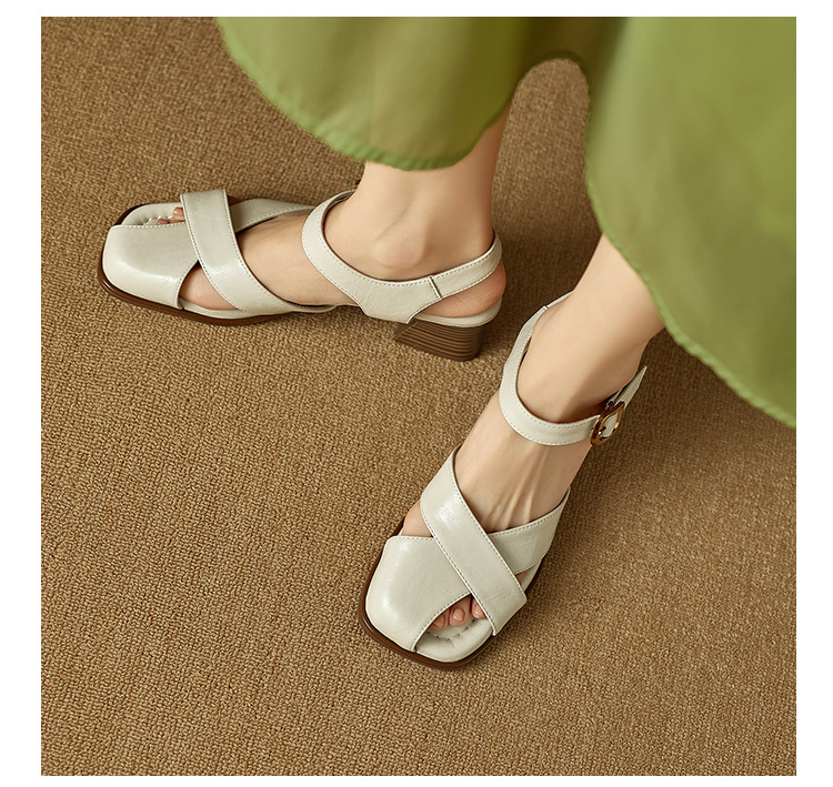 Sandal nữ da bò kiểu Pháp đế mềm thấp gót đi làm mùa hè — đen chi tiết 7