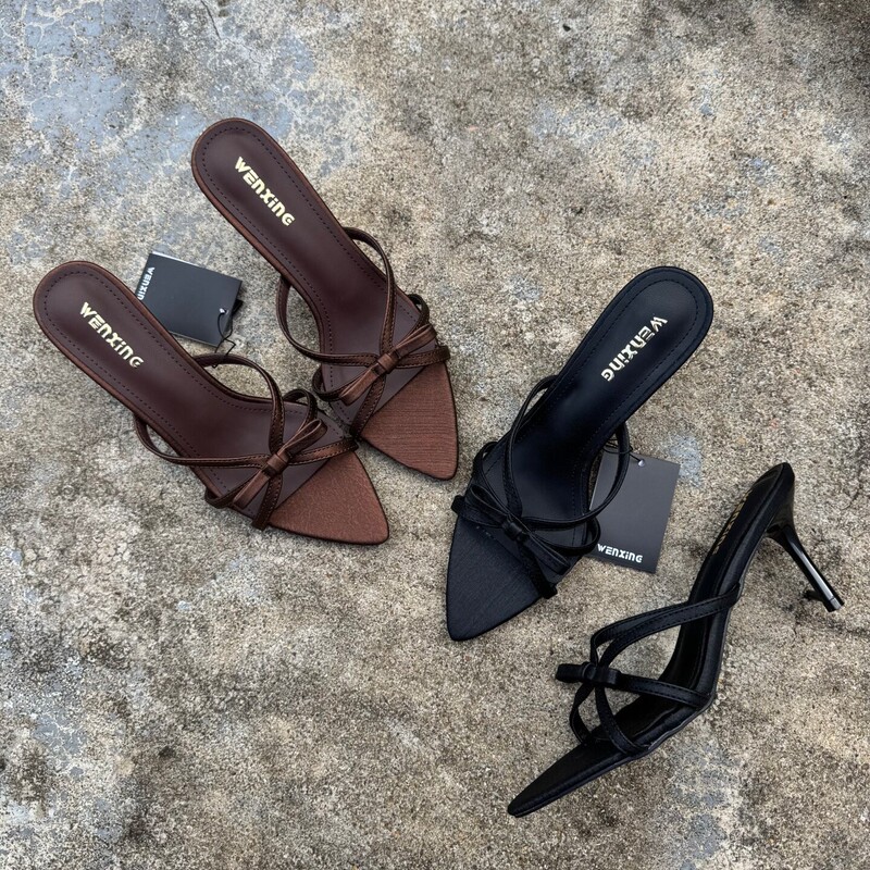 Gentle style thin strap hollow bow pointed toe high-heeled sandals for women, summer open-toe mules for outdoor wear, women's shoes wholesale