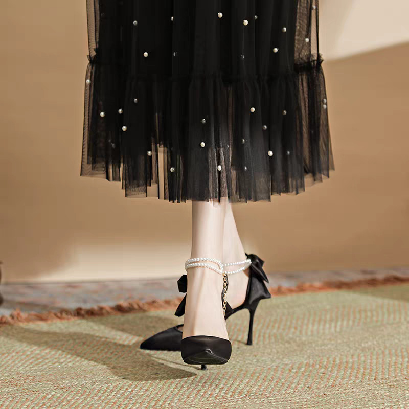 Pointed-toe Women's Shoes, New Autumn 2025 Model, A Single Strap, Pearl Bow, Fairy-style White High With Thin Heels_vogvips.com