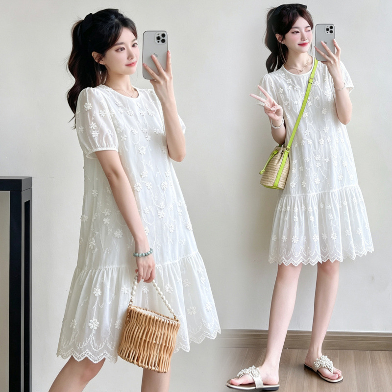 New Style Maternity Wear Summer Lace Simple and Fashionable Round Neck Loose Large Size Maternity Dress