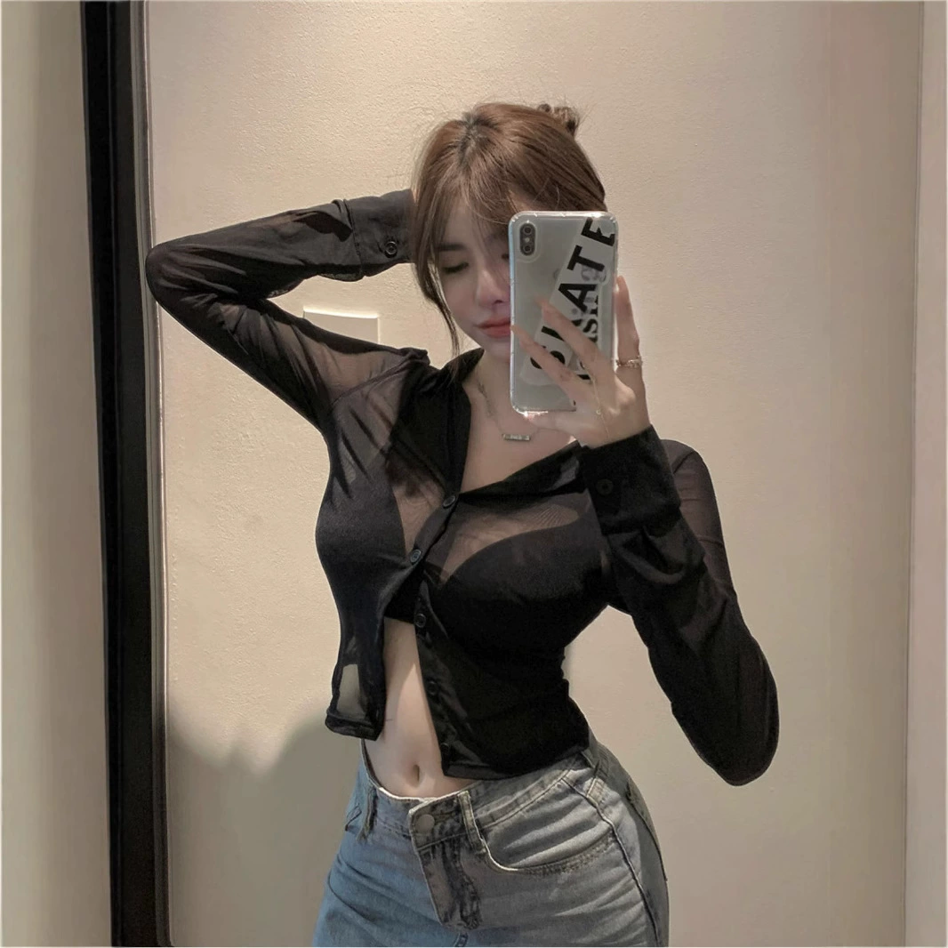 Fitted Summer Shirt, Sun-Protection, High-Waist Crop, Black/Coffee, Sizes S–XL
