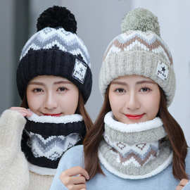 保暖帽子女冬季针织帽韩版时尚防寒骑车保暖护耳围脖毛线帽套装