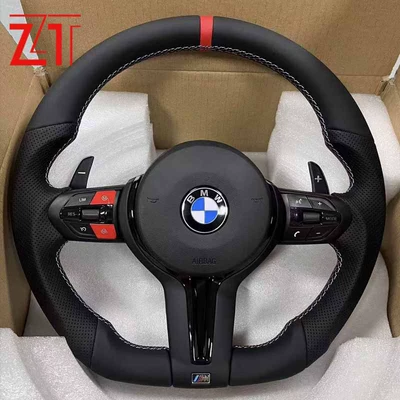 M3M5 flat-bottom sports-style leather steering wheel assembly with red M button and red return-to-center mark, racing model assembly