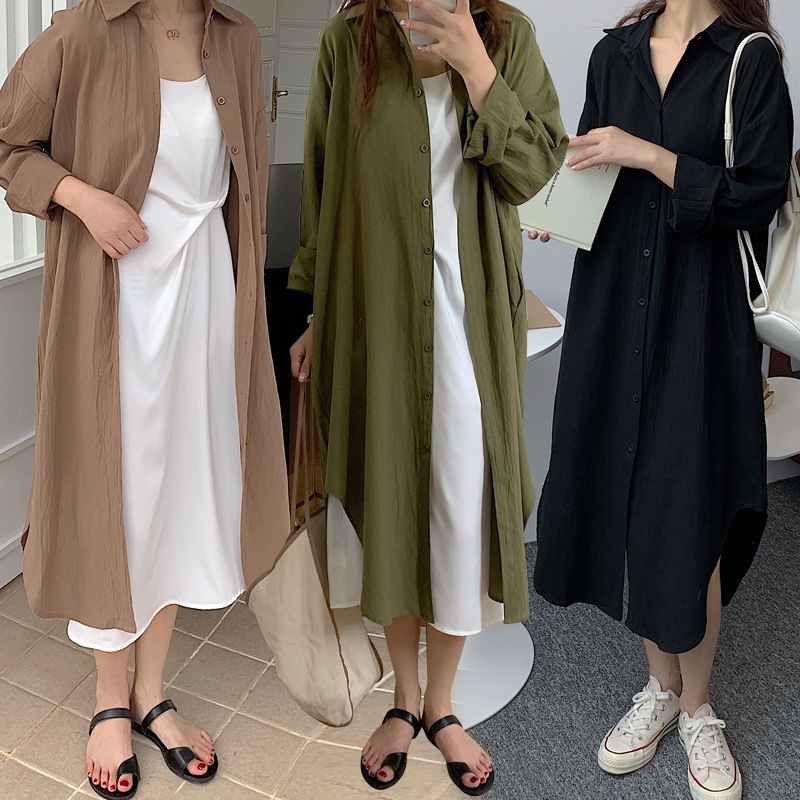 Korean-style Laid-back Style Simple Ultra-long Knee-length Shirt Solid Color Lapel Cardigan Shirt Korean-style Laid-back Style Simple Ultra-long Knee-length Shirt Solid Color Lapel Cardigan Shirt