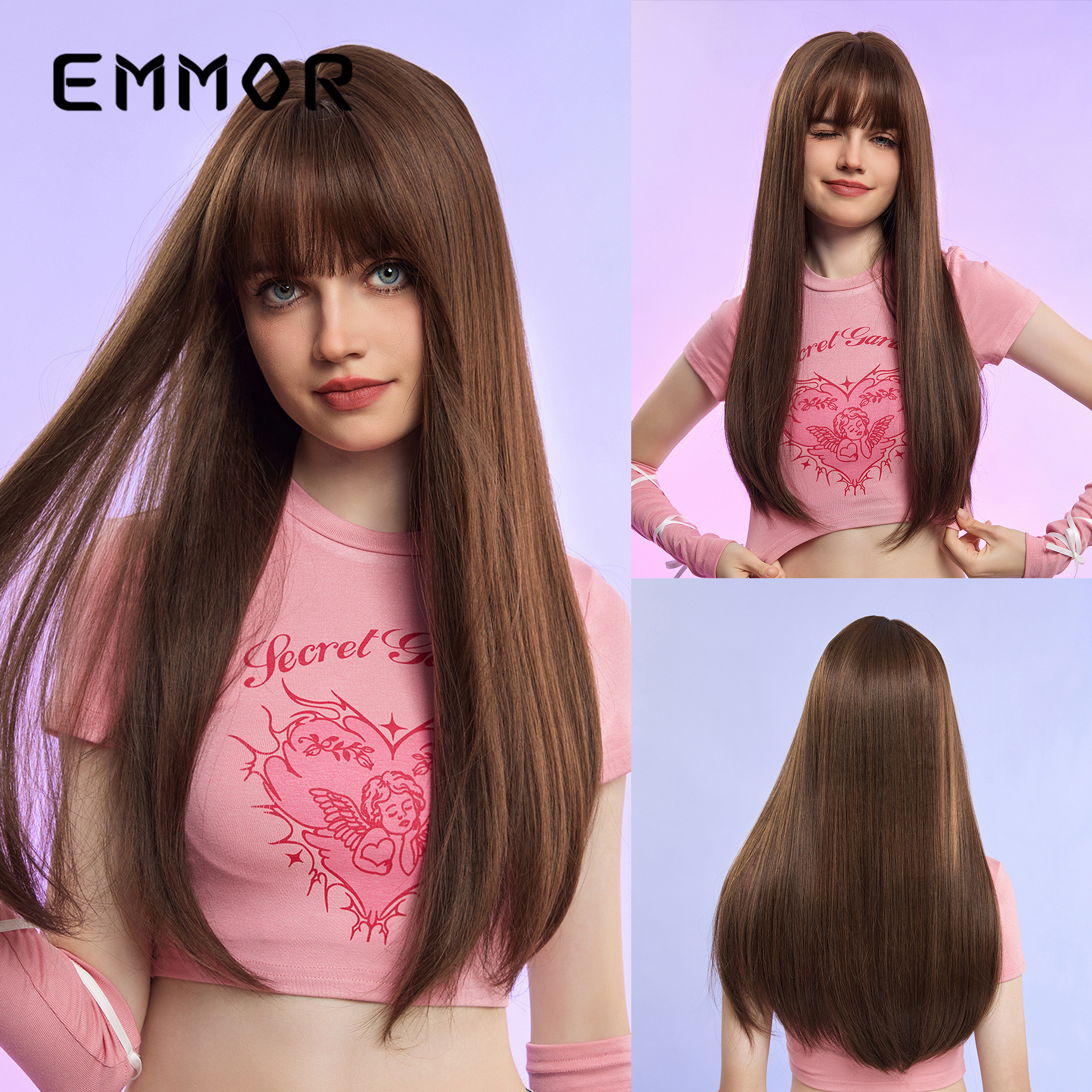 Nuevo Amazon transfronterizo bangs negro largo pelo recto fibra química pelo mate seda de alta temperatura europea y americana peluca femenina cubierta de la cabeza completa