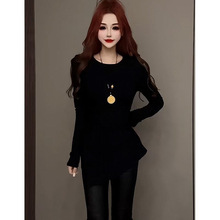 韩版洋气德绒长袖T恤女装秋冬季新款收腰显瘦内搭打底衫开叉上衣