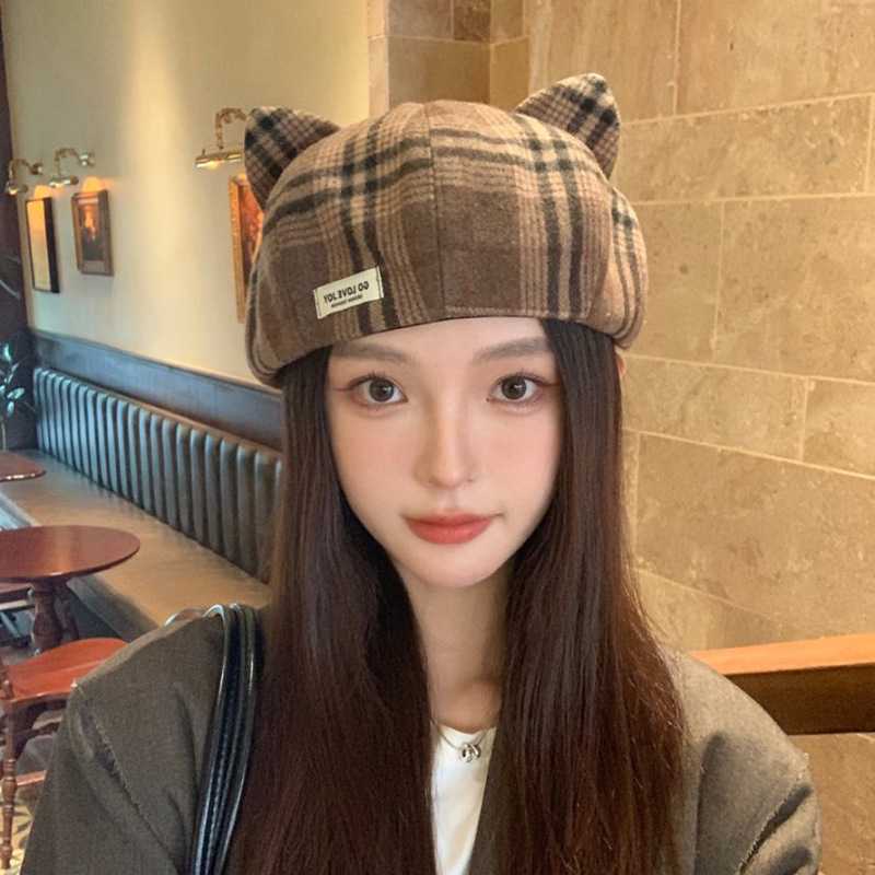 复古格纹猫耳朵贝雷帽子女春秋显脸小百搭毛呢画家帽保暖南瓜帽|undefined