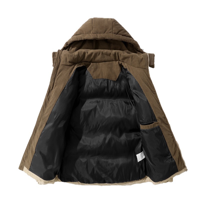 Men's Corduroy Puffer Jacket – Winter-Ready Colorblock Hooded Coat (Polyester-Filled, Detachable Hood, 3 Colors)_voghion.com