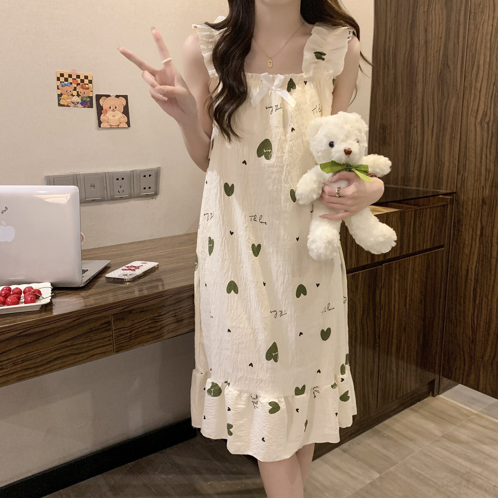 2025 pijama de cabina giratorio cojín de pecho nubes de algodón de verano dulce viento pijama delgado ropa para el hogar comercio exterior