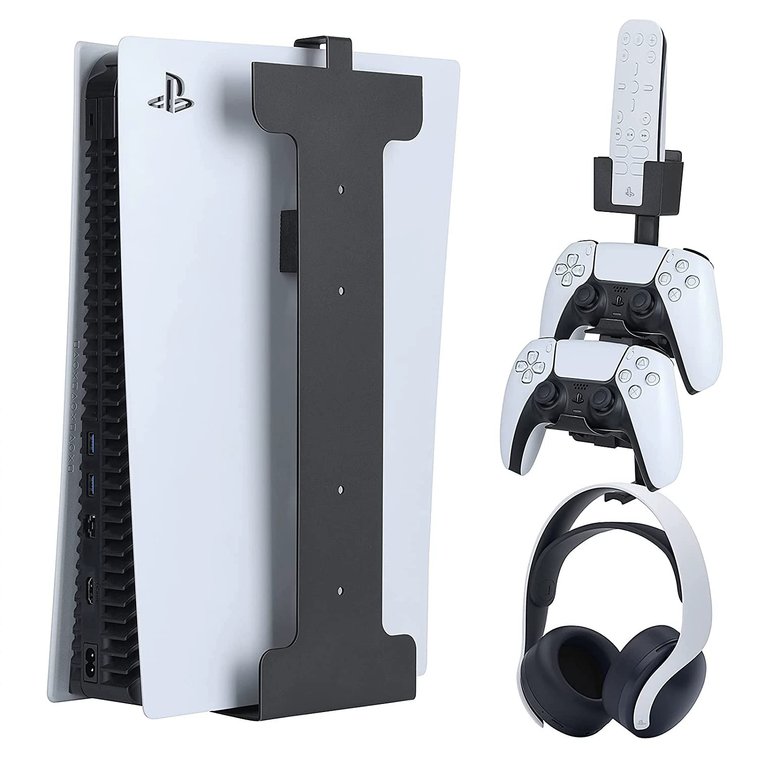 Настенная стойка для PS5 — вертикальный кронштейн с крючками для контроллера и гарнитуры, черный