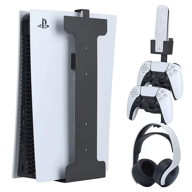 Настенная стойка для PS5 — вертикальный кронштейн с крючками для контроллера и гарнитуры, черный