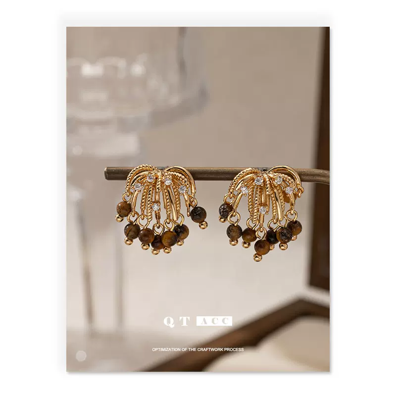 欧美时尚复古高级感虎眼石吊坠烟花造型镶嵌锆石耳饰秋冬新款耳钉