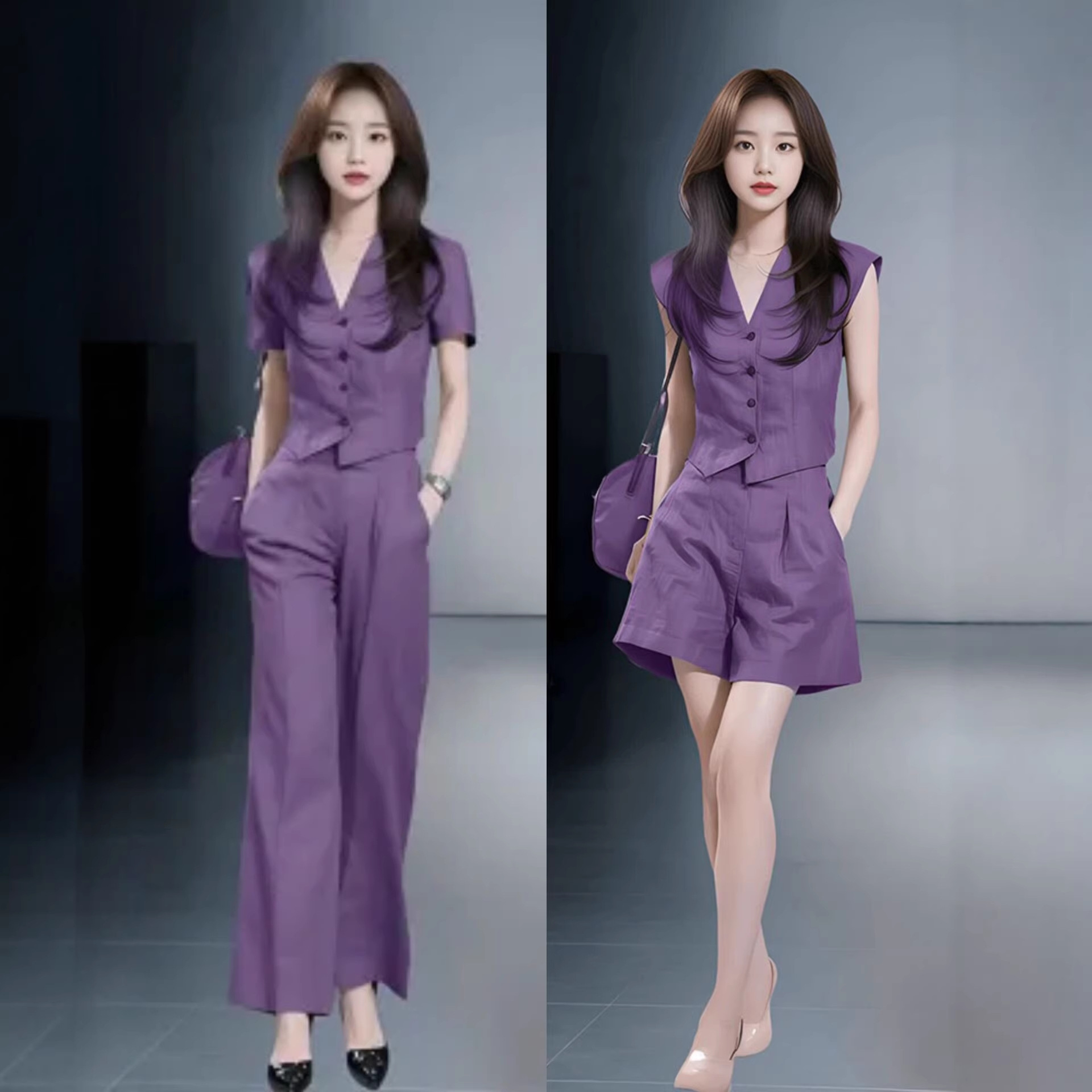 Bộ đầm suông nữ cổ V tay dài phong cách Hàn Quốc mùa xuân hè — Bộ dài màu tím chi tiết 1