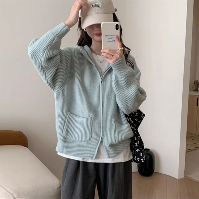 加厚简约坑条双口袋连帽拉链毛衣外套女秋冬新款宽松软糯针织开衫|undefined