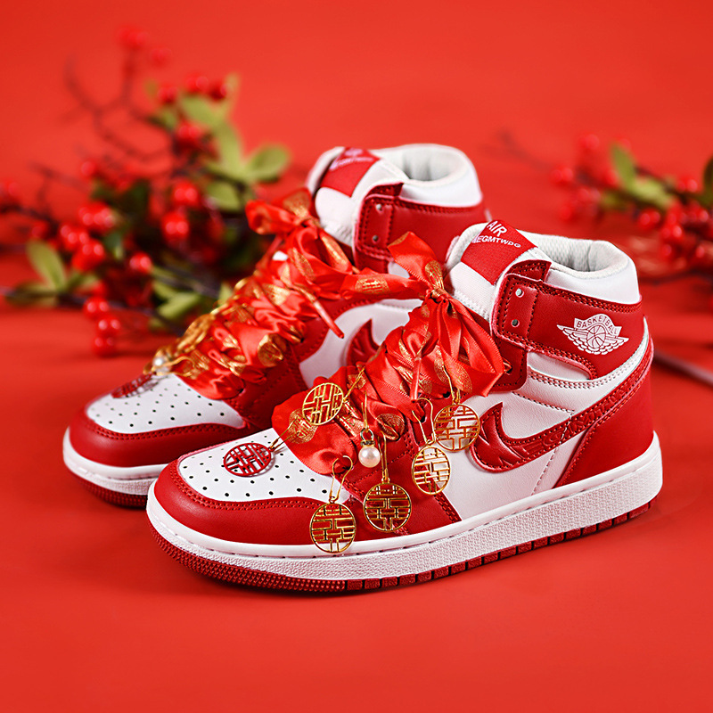 Aj Wedding Shoes Couple Style Red Chinese Wedding Groom and Bride Aj1 High-Top Sneakers Flats Men's and Women's Shoes Xiuhe Shoes