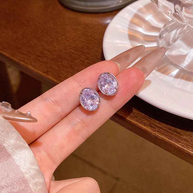 韩系爆闪椭圆形大锆石耳钉女轻奢小众简约大气耳环网红同款耳饰品|undefined