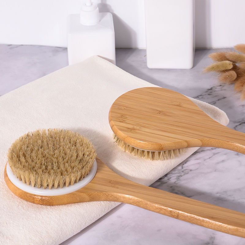 Boar Bristle Bath Brush, Wooden Horsehair Exfoliating Brush, Personal Care Cleaning Tool, Long-Handled Bath Brush