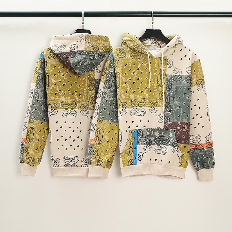 Abbigliamento maschile Giacca in puro cotone con motivo a fiori di anacardi e totem etnico, con cappuccio largo e tendenza_voghion.com