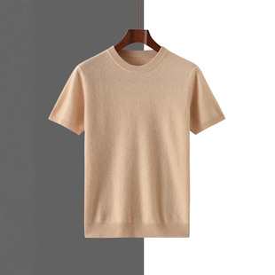 Cashmere Short-sleeved 2024 Autumn and Winter New Men's Solid Color Crewneck Pullover Sweater T-shirt Casual Business Knitted Top