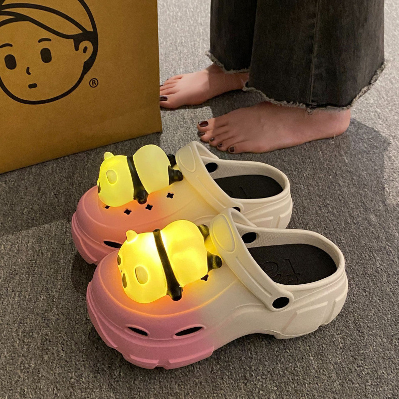 Cartoon Panda Luminous Height Increasing Clogs for Women 2025 Outdoor Summer Platform Thick Sole Student Closed-Toe Sandals