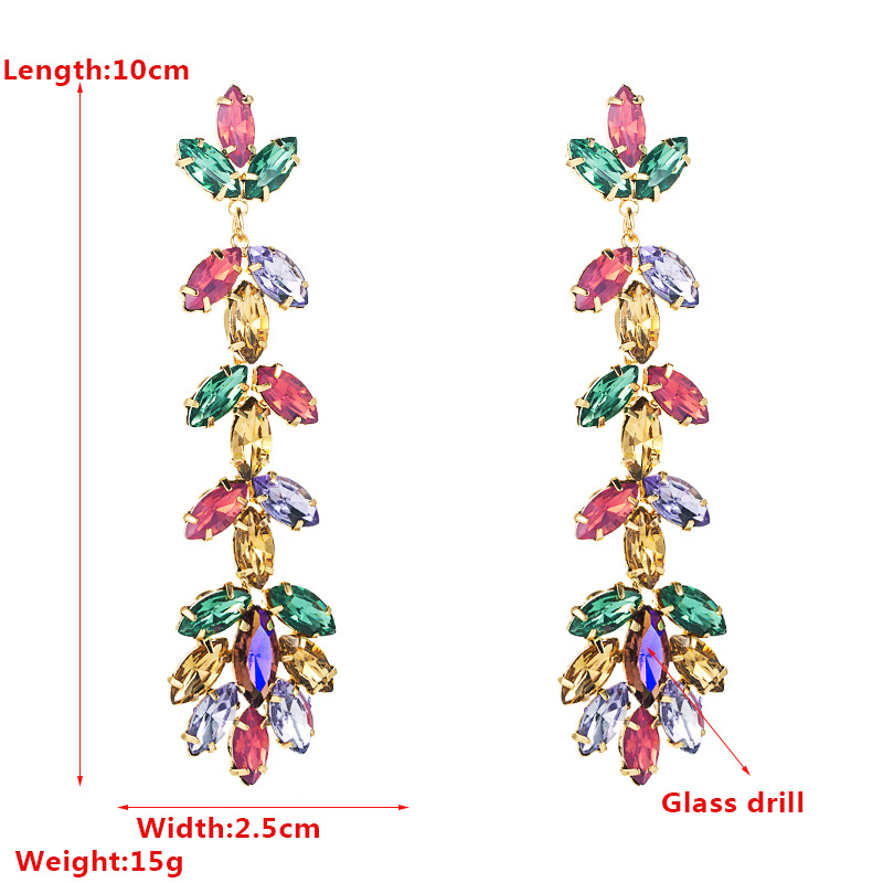 Fashion Creative Long Leaves Colorful Rhinestone Glass Drill Earrings display picture 1