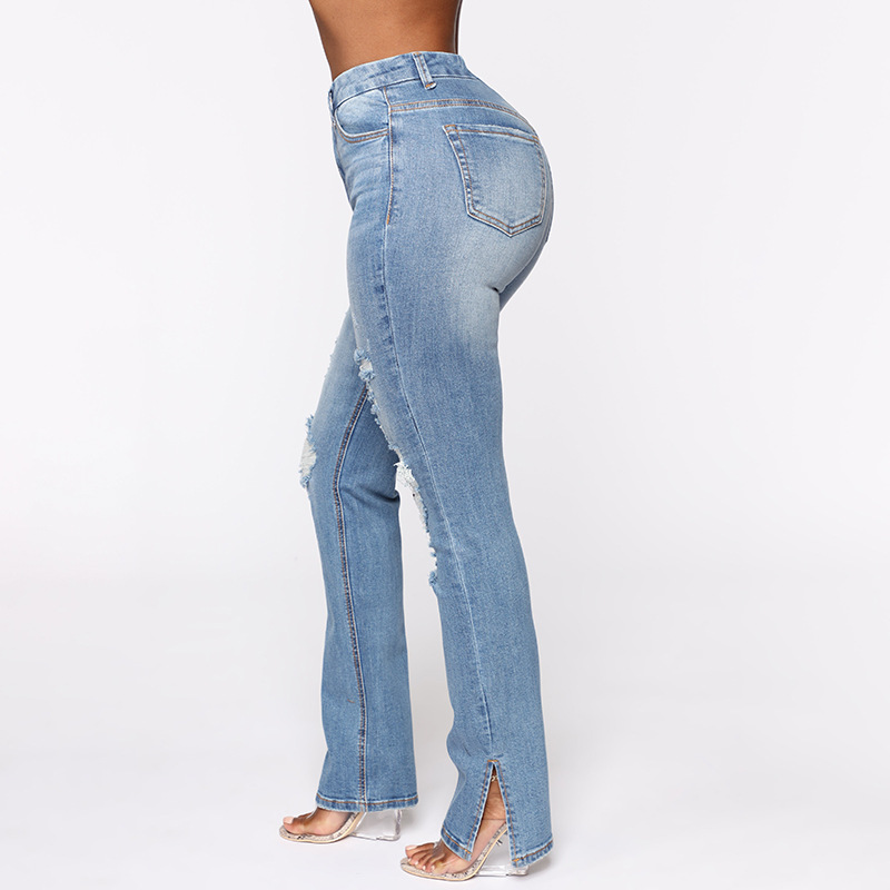 Washed Ripped Hole High Waist Stretch Slit Jeans NSARY126331