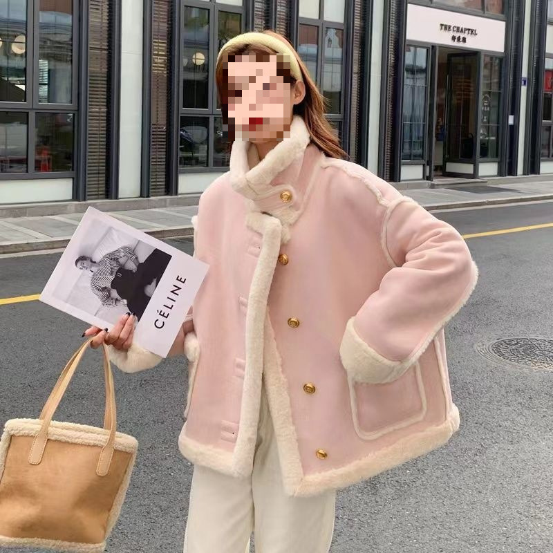 Lamb Wool Coat for Women, New Spring Style, Korean Style, Loose Fit, Faux Suede, Fur Integrated, Thickened, Motorcycle Jacket, Pink